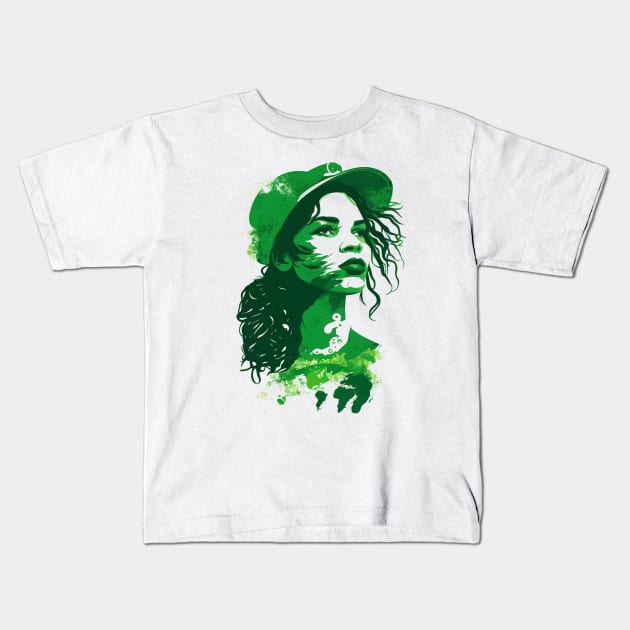 Make a Statement with Our Abstract White and Green Climate Activist Girl Face Portrait Design Kids T-Shirt by Greenbubble